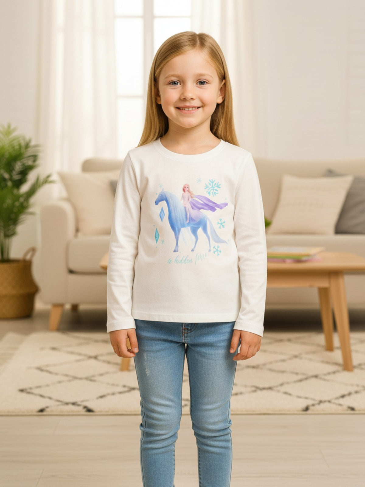 Langarmshirt Disney Frozen Elsa Mädchen mit Pferde-Print